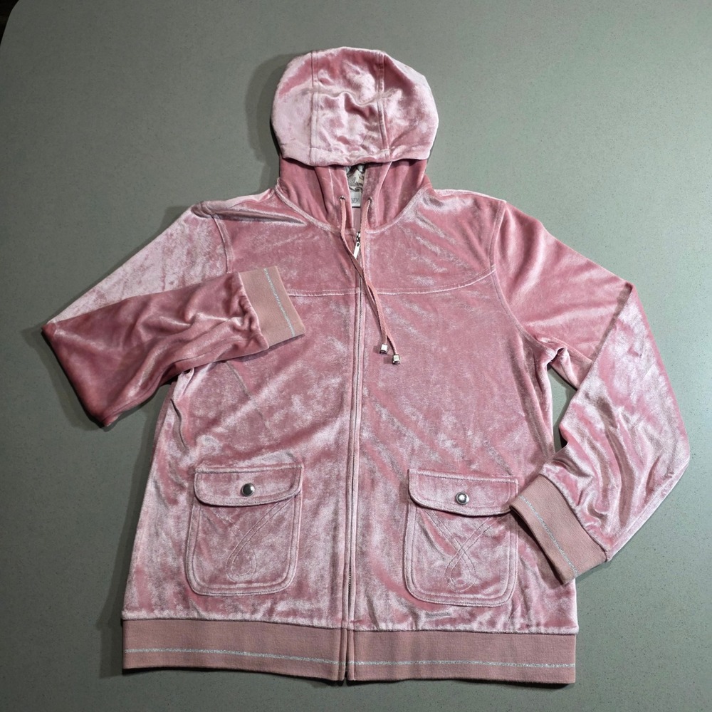 Zenergy by Chico's Pink Crushed Velvet Full Zip Hoodie Size 1 Small Medium
